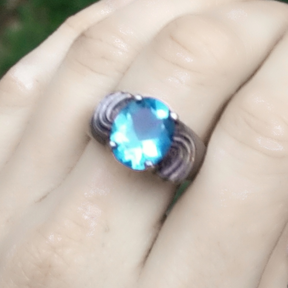 Vintage Sterling Silver/Blue Topaz Mid-Century Modern Ring- 9.5